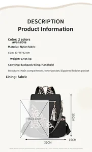 Detailed view of leopard print straps and multi-compartment nylon backpack design