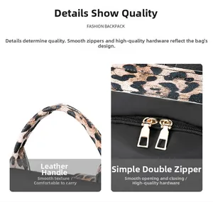 Detail of premium leather handle and smooth gold metal zippers on leopard print backpack