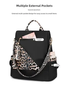 Fashionable leopard print backpack with multiple exterior pockets and fringe charm detail