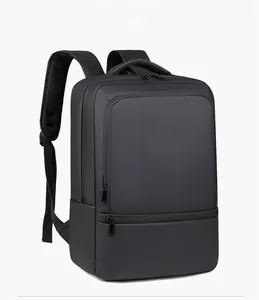 Side view of black business backpack with breathable mesh straps and multiple zipper pockets
