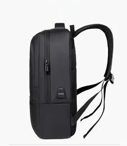 Side view of black business backpack with multi-layer zippers and external USB port