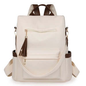 Women Fashion Nylon Backpack Large Capacity Anti-theft School Travel Bag With Tassel PU Leather Trim