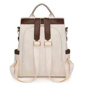 Minimalist cream and brown large capacity backpack with back anti-theft zipper design