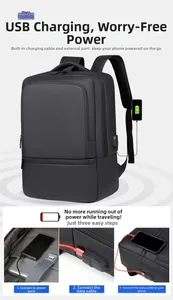 Detail of business laptop backpack featuring external USB charging port and internal cable