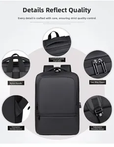 Detail view of water-resistant fabric, reinforced stitching, and dual metal zippers on backpack