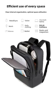 Internal view of a waterproof business backpack showing a 15.6-inch laptop compartment
