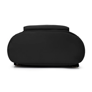 Detailed bottom view of black nylon backpack showing reinforced stitching and oval base