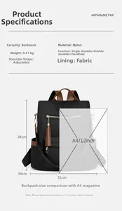 Detail view of lightweight black nylon backpack showing 0.41kg weight and A4 size comparison