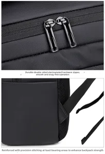 Detail of durable dual metal zippers and reinforced stitching on a black commuter backpack