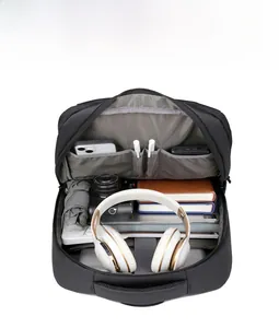 Internal capacity of large business backpack showing multiple compartments and tech storage