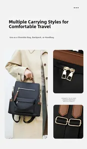Detail of black backpack with gold hardware and multiple carrying options like hand straps