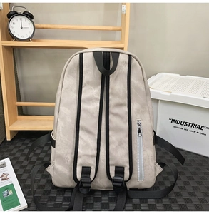 Gray street fashion backpack detail showing hidden anti-theft zipper on back and adjustable straps