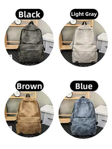 Multiple views of large capacity street style backpacks in black grey brown and blue