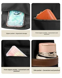 Detail view of multi-pocket storage layout showing zippers and waterproof nylon fabric