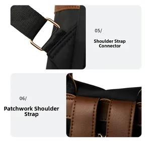 Close-up of black backpack featuring brown leather straps and gold metal hardware detail