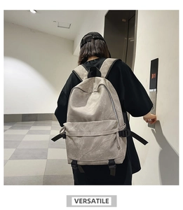 Rear view of a light gray minimalist backpack featuring adjustable black straps