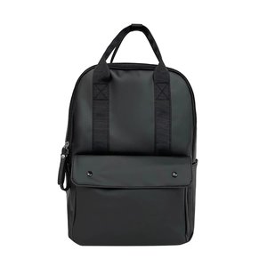 Minimalist black faux leather laptop backpack with front pocket for daily commute