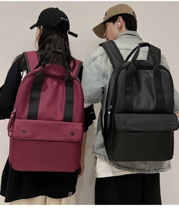 Detail of adjustable straps and snap-button pockets on waterproof nylon backpacks
