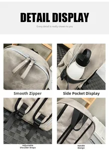 Detail view of khaki backpack showing smooth zippers, side pockets and adjustable straps