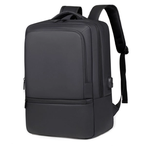Business laptop backpack in black waterproof nylon with external USB port and ergonomic straps