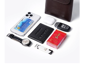 Detail of vegetable tanned leather phone bag interior capacity and premium stitching
