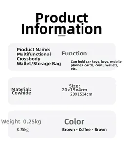 Detailed specs of the leather crossbody phone bag showing size 20x15x4cm and cowhide material