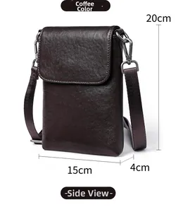 Macro detail of dark coffee pebble grain leather phone bag showing dimensions 20x15x4cm