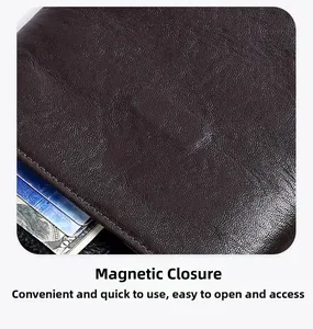 Detail of dark brown leather phone bag showing magnetic closure and pebbled texture