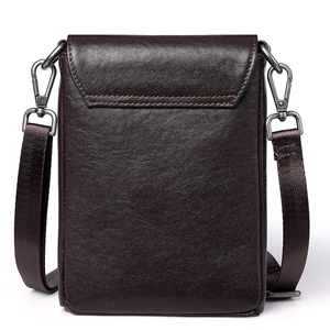Minimalist vegetable tanned leather shoulder phone bag in dark brown with flap cover