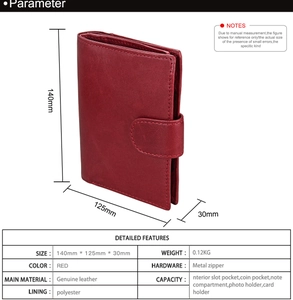 Detailed view of red genuine leather wallet features internal card slots and metal zippers