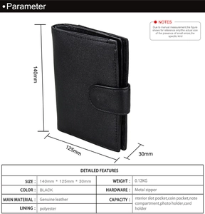 Macro detail of genuine leather wallet showing card slots and zipper pocket size dimensions