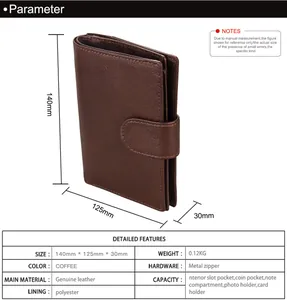Detailed size chart for coffee genuine leather passport wallet with RFID protection