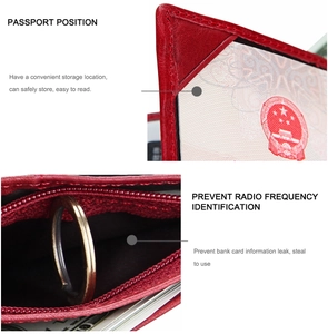 Detail of red leather passport wallet showing RFID blocking layer and inner key ring