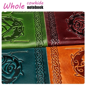 Detailed macro view of embossed floral patterns on genuine cowhide leather notebooks