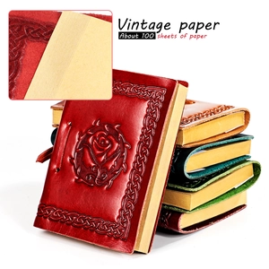 Detail of vintage leather notebook cover with embossed rose and 100 sheets of aged paper