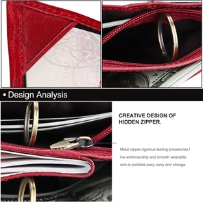 Detailed view of red crazy horse leather binder with metal zipper and ring mechanism