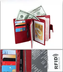 Internal view of red leather passport wallet with RFID protection and multiple card slots