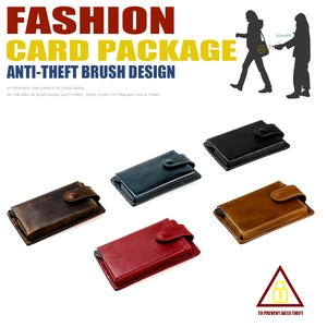 Macro view of RFID-blocking leather card holder with automatic aluminum card ejector case
