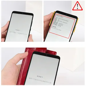 Macro detail of red leather wallet showing NFC card reading and RFID protection design