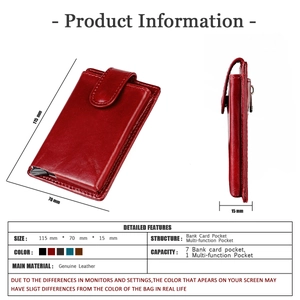 Detailed dimension guide for red genuine leather card holder with 7 card slots