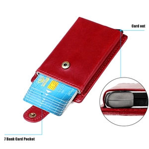 Detail of red leather RFID wallet with automatic pop-up aluminum card holder for 7 cards