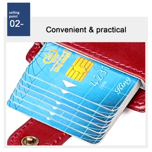 Close-up of leather card holder with multiple slots showing high storage capacity