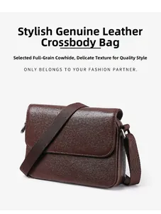 Detail of dark brown vegetable tanned leather crossbody bag with lychee texture and metal zip