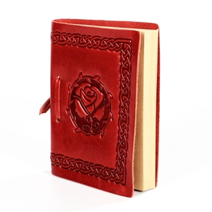 Handmade retro brown leather notebook with embossed rose design and leather strap tie