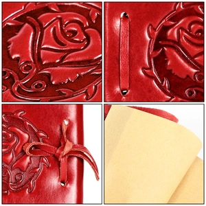 Vintage red embossed leather notebook with rose pattern and wrap tie closure