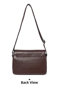 Back view of high-quality dark brown leather crossbody bag with adjustable strap