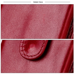 Close-up of red top-grain leather texture and precise stitching on the card wallet