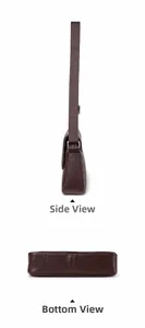 Detail view of the side and bottom profile of this dark brown leather crossbody bag