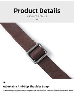 Close-up of adjustable brown woven shoulder strap with metal buckle for crossbody bag