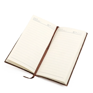 Vue détaillée des pages ouvertes du carnet B5 en cuir avec papier ligné et marque-page ruban